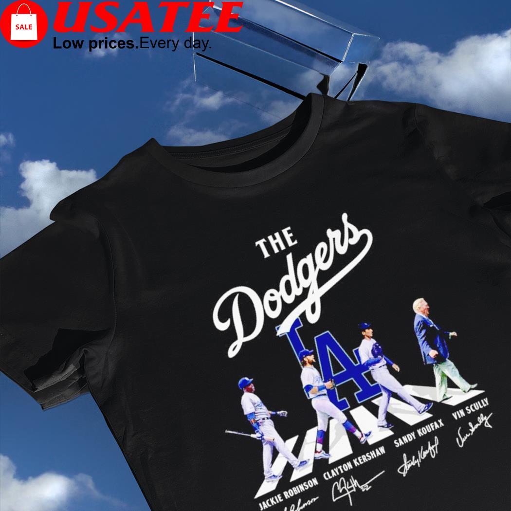 The Dodgers Sandy Koufax Clayton Kershaw Jackie Robinson Vin Scully  signatures road shirt, hoodie, sweater, long sleeve and tank top