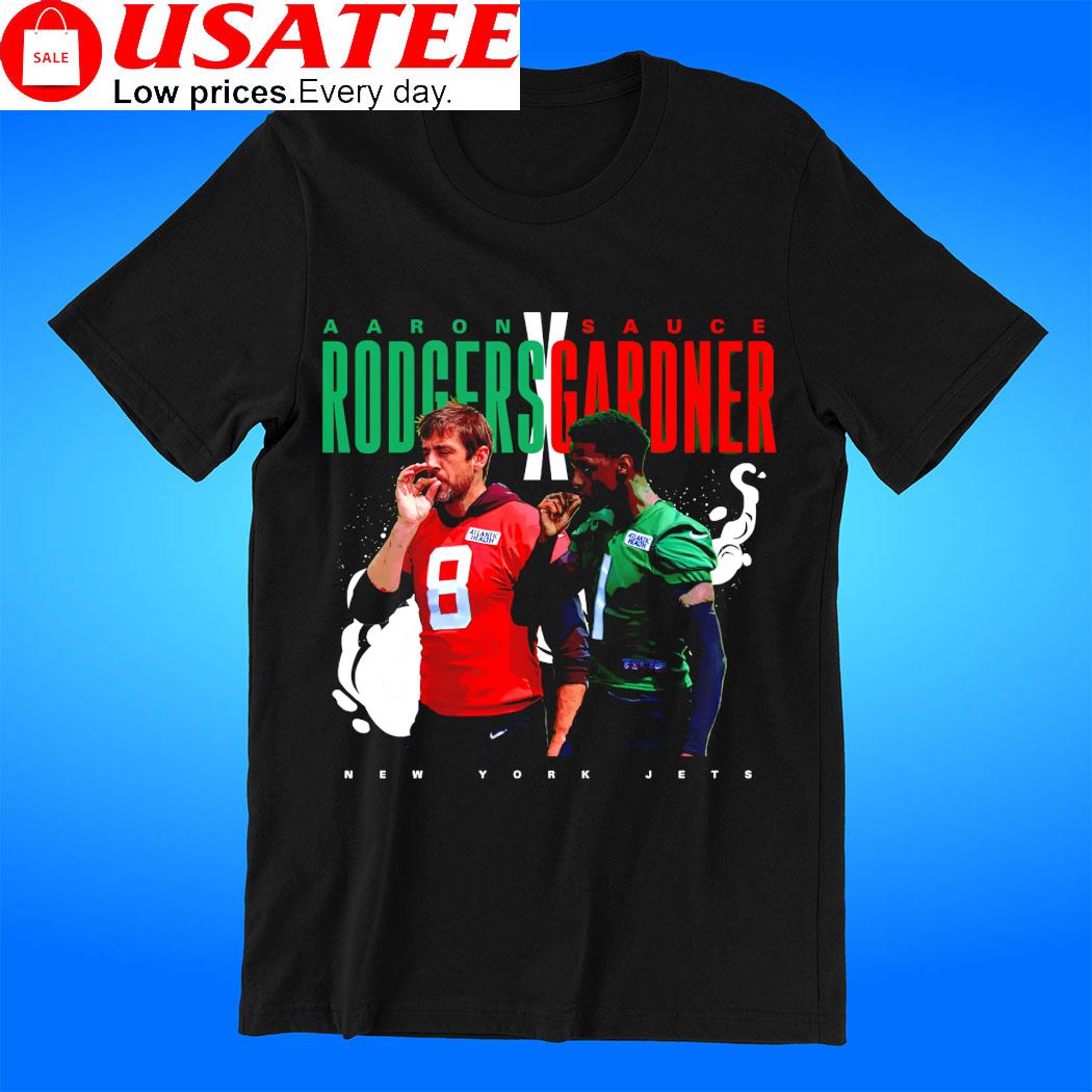 Aaron Rodgers and Sauce Gardner Handshake New York T-Shirt (Small, Black)