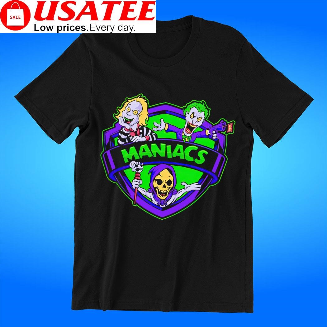 Beetlejuice Joker and Skeletor X Animaniacs Green Violet Maniacs logo shirt