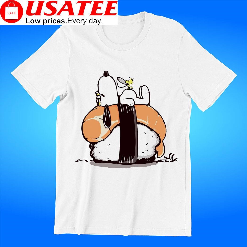 Snoopy and Woodstock atop a piece of sushi Sushi Friends cartoon shirt